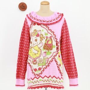 Lutra Jump Large Lapel Cat‎ Strawberry Jacquard Pullover Sweater One Size Cotton